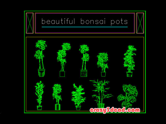 Ten beautiful bonsai pots Autocad Blocks